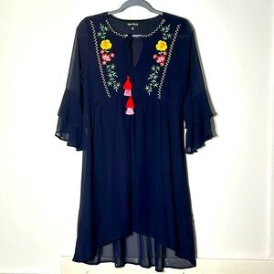 Bohemian embroidered sheer blue dress with liner, tiered sleeves